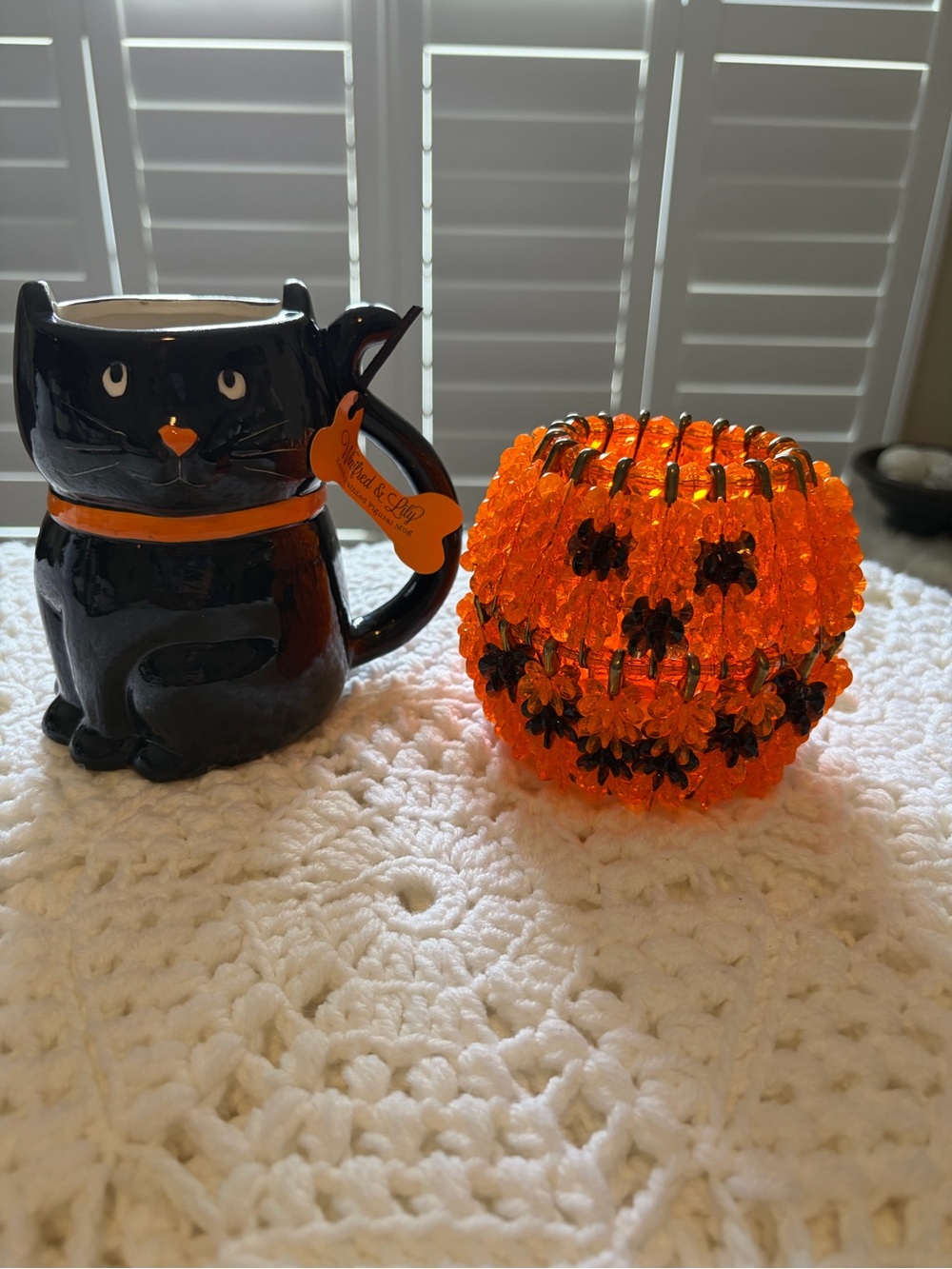 New Black Cat Ceramic Mug with handmade Orange Beaded Jack-o'-Lantern Accent
